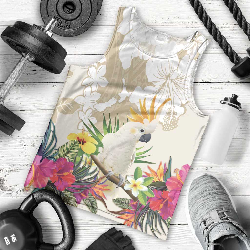 New Zealand Cacatua Galerita Men Tank Top Aotearoa Cockatoo Tropical Flowers LT14 - Polynesian Pride