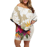 New Zealand Cacatua Galerita Off Shoulder Short Dress Aotearoa Cockatoo Tropical Flowers LT14 Women Beige - Polynesian Pride