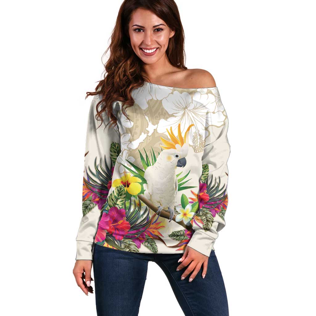 New Zealand Cacatua Galerita Off Shoulder Sweater Aotearoa Cockatoo Tropical Flowers LT14 Women Beige - Polynesian Pride