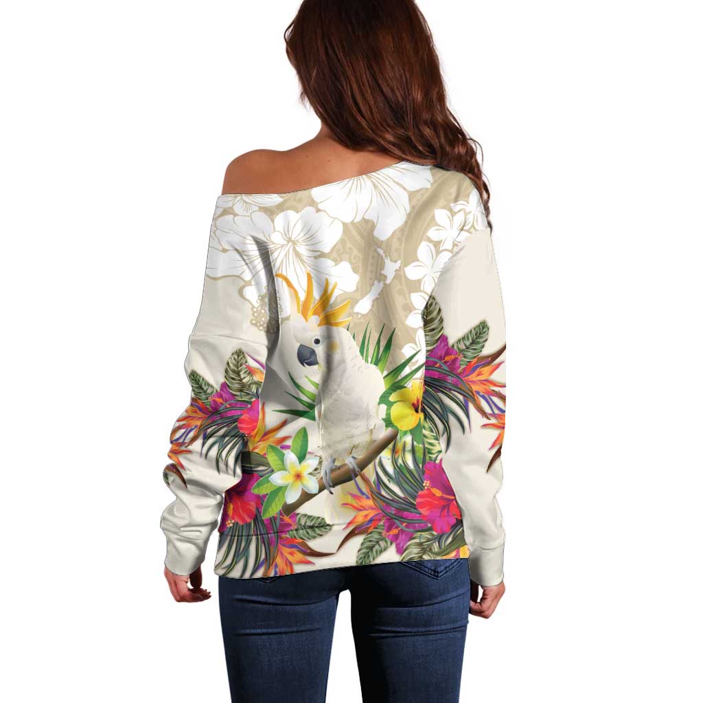 New Zealand Cacatua Galerita Off Shoulder Sweater Aotearoa Cockatoo Tropical Flowers LT14 - Polynesian Pride