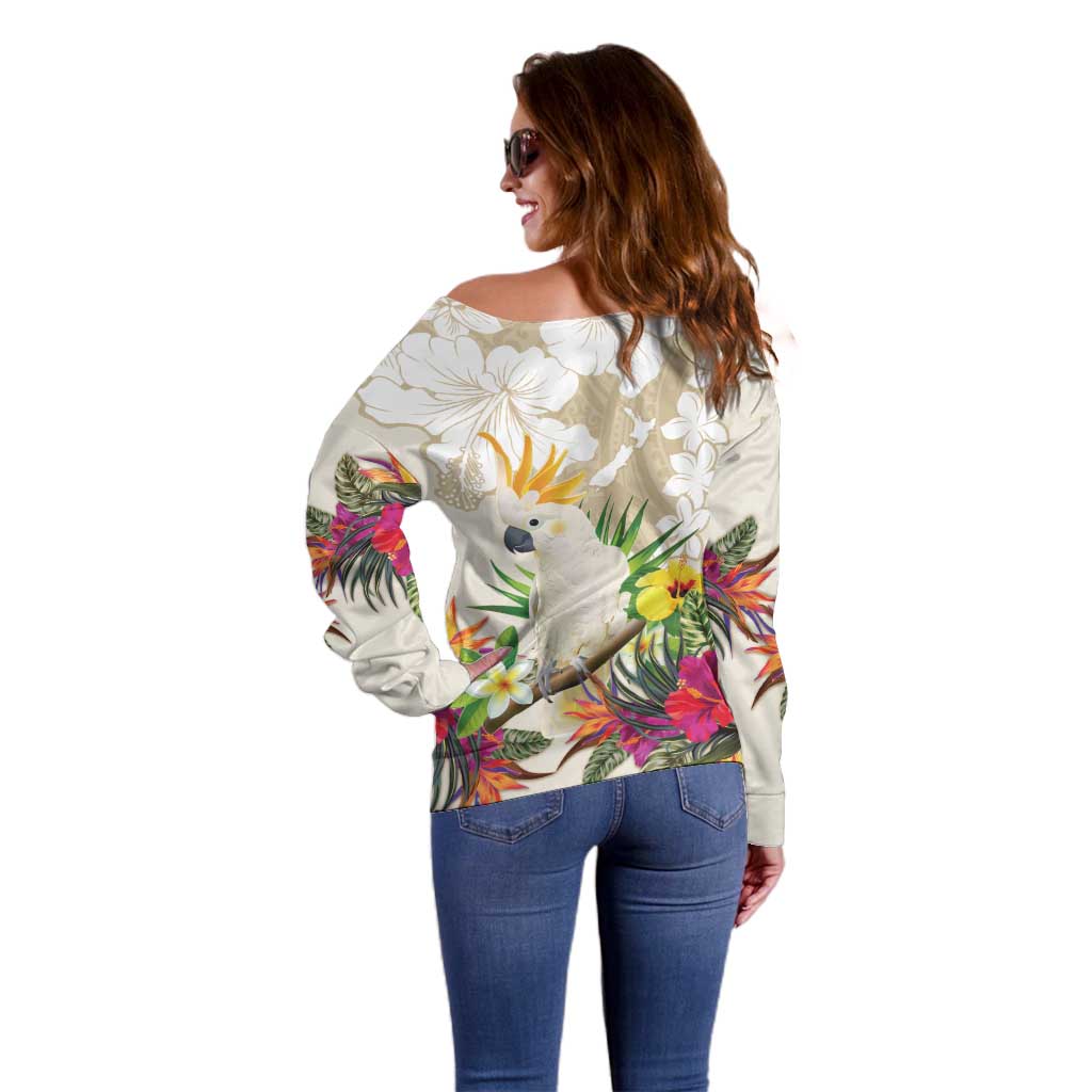 New Zealand Cacatua Galerita Off Shoulder Sweater Aotearoa Cockatoo Tropical Flowers LT14 - Polynesian Pride