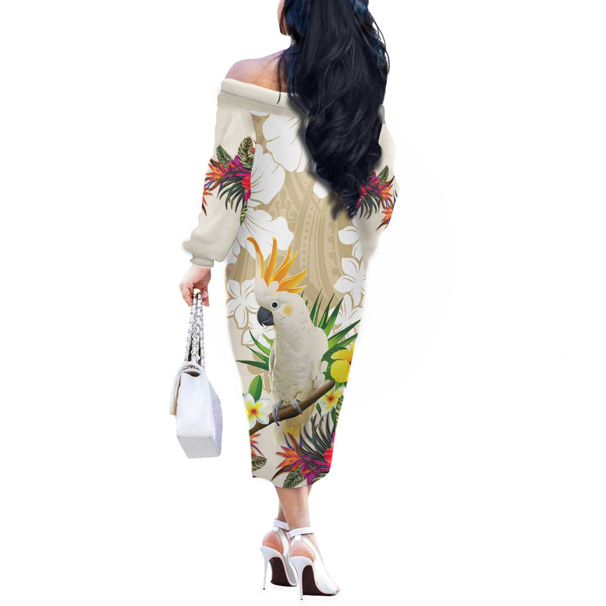 New Zealand Cacatua Galerita Off The Shoulder Long Sleeve Dress Aotearoa Cockatoo Tropical Flowers LT14 - Polynesian Pride