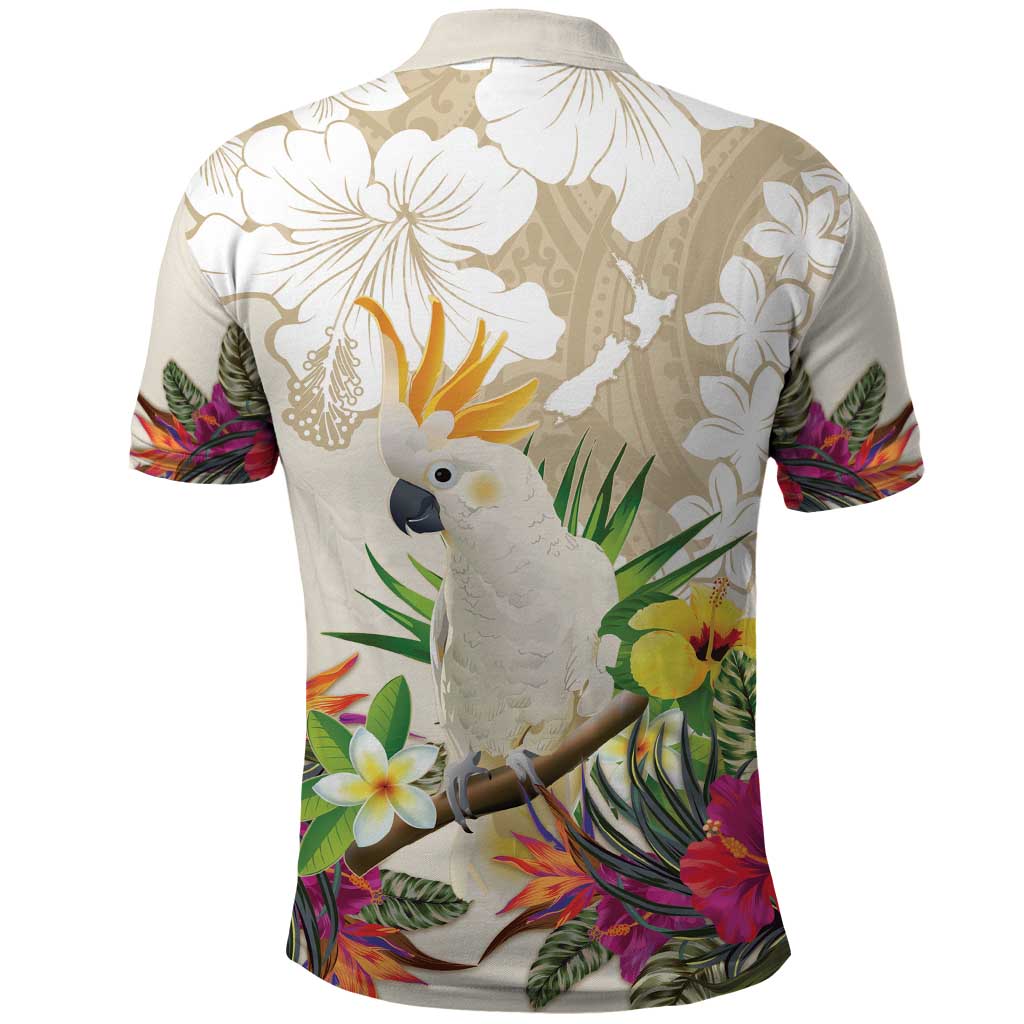 New Zealand Cacatua Galerita Polo Shirt Aotearoa Cockatoo Tropical Flowers LT14 - Polynesian Pride