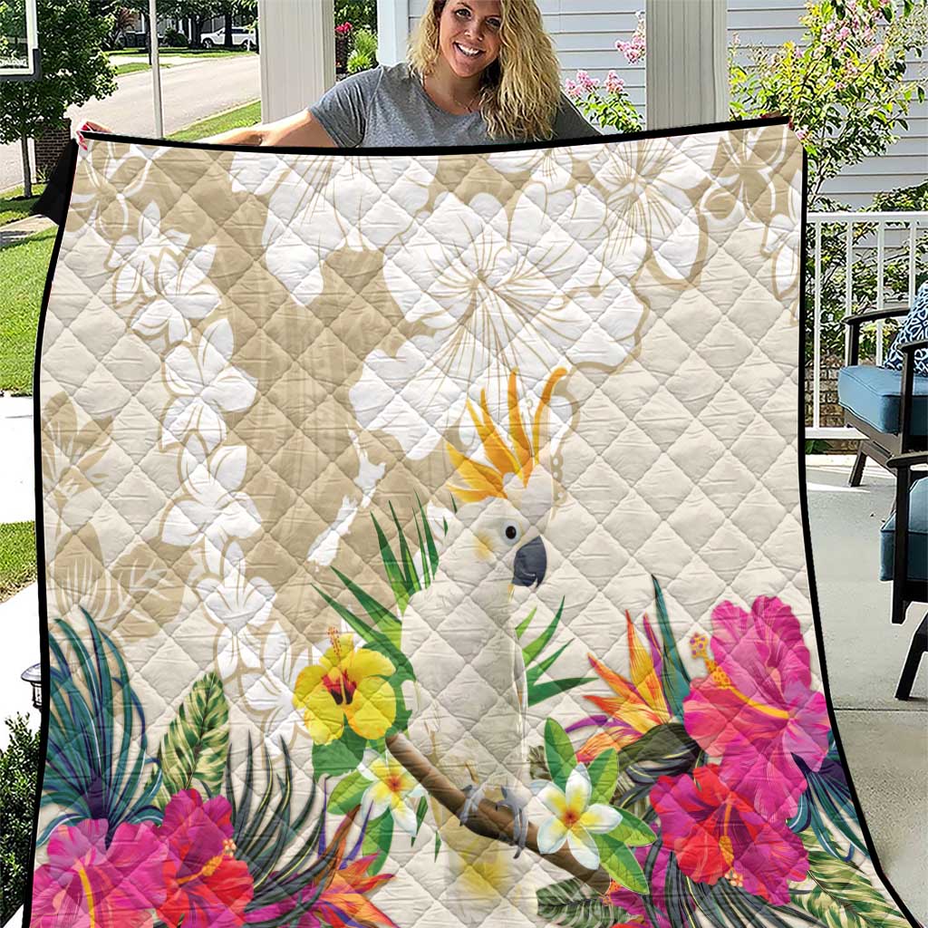 New Zealand Cacatua Galerita Quilt Aotearoa Cockatoo Tropical Flowers LT14 Beige - Polynesian Pride
