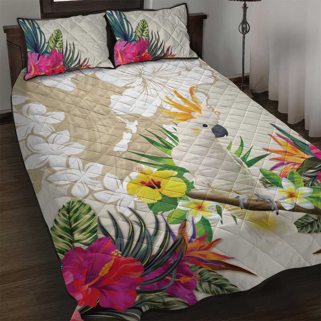 New Zealand Cacatua Galerita Quilt Bed Set Aotearoa Cockatoo Tropical Flowers LT14 Beige - Polynesian Pride