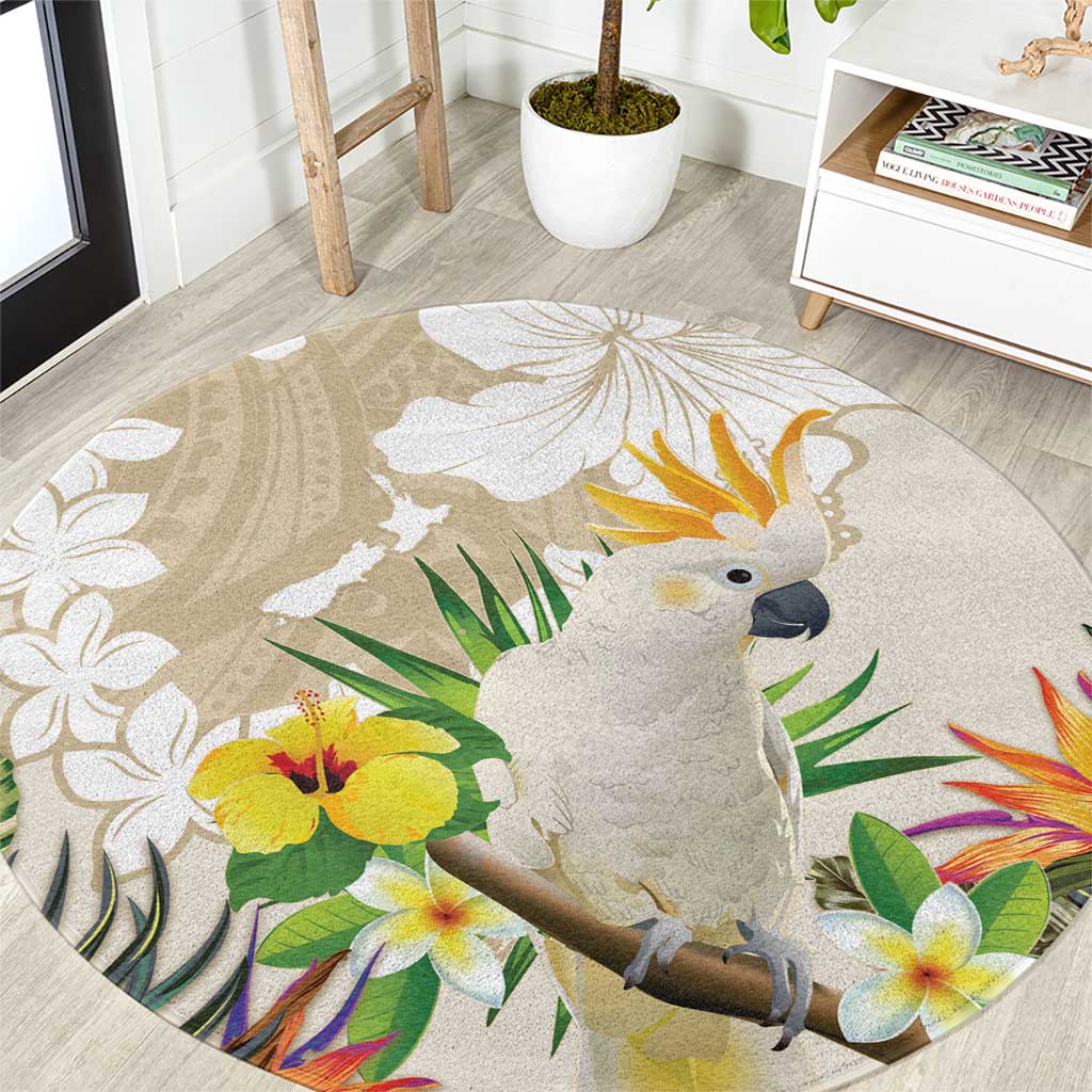 New Zealand Cacatua Galerita Round Carpet Aotearoa Cockatoo Tropical Flowers LT14 Beige - Polynesian Pride