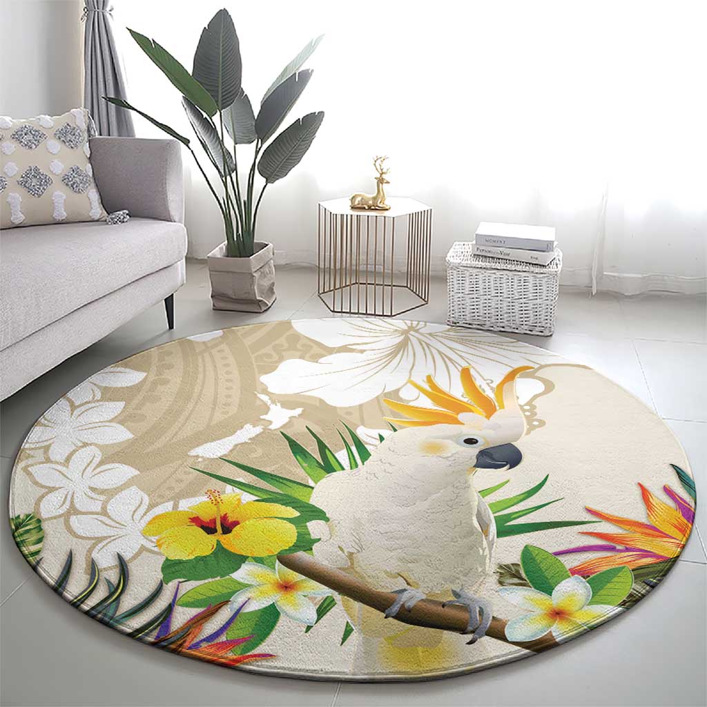 New Zealand Cacatua Galerita Round Carpet Aotearoa Cockatoo Tropical Flowers LT14 - Polynesian Pride