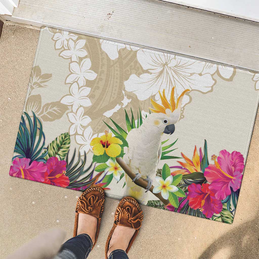 New Zealand Cacatua Galerita Rubber Doormat Aotearoa Cockatoo Tropical Flowers LT14 - Polynesian Pride