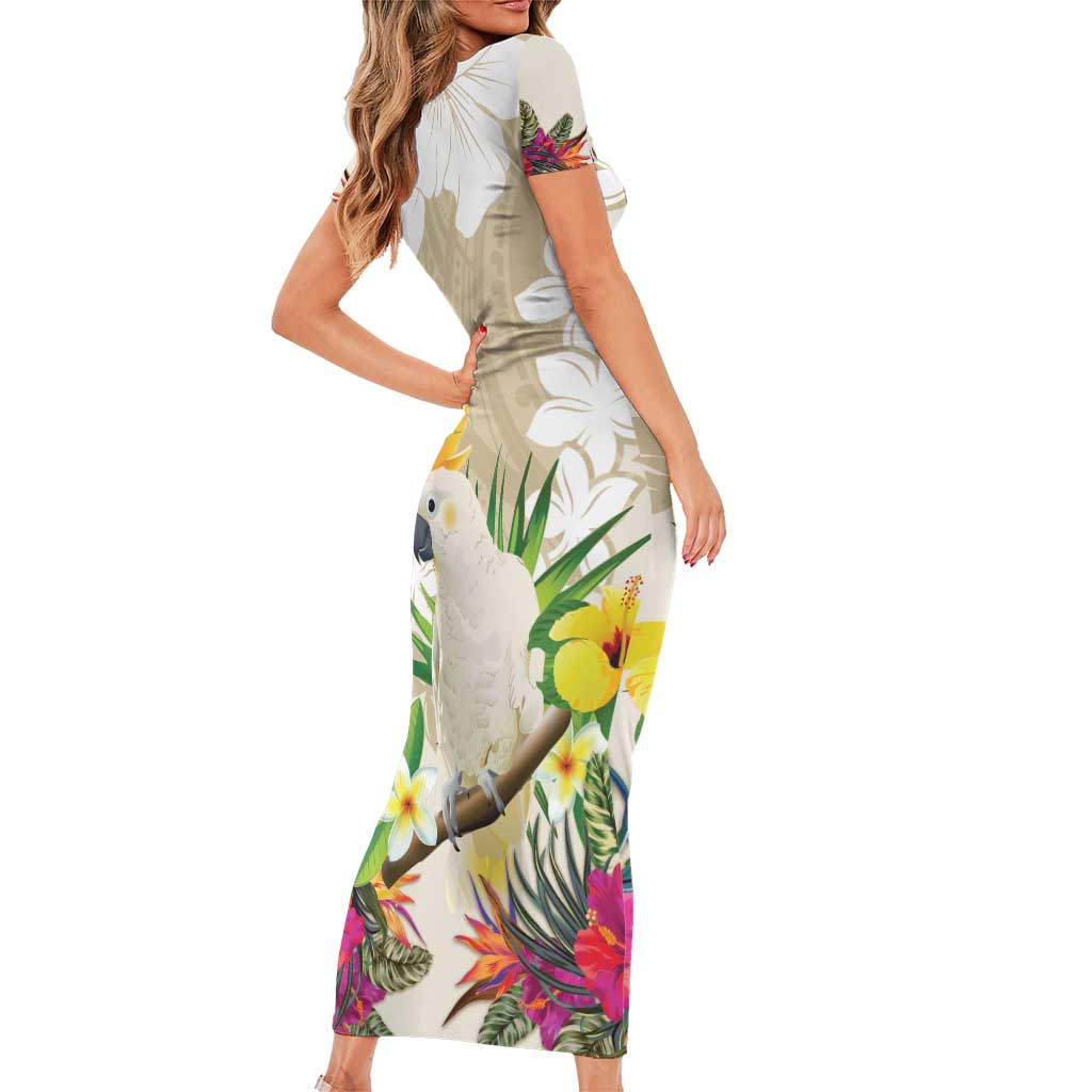 New Zealand Cacatua Galerita Short Sleeve Bodycon Dress Aotearoa Cockatoo Tropical Flowers LT14 - Polynesian Pride
