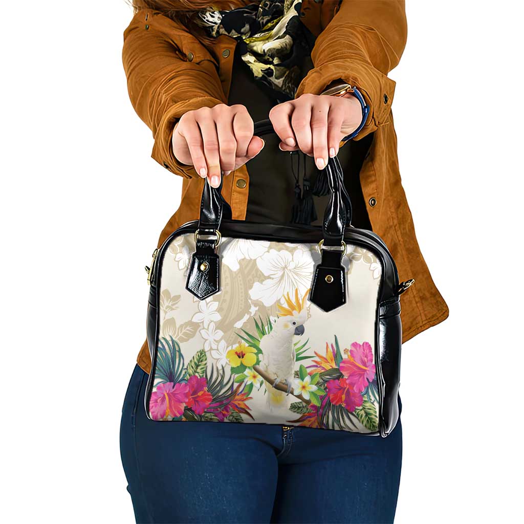 New Zealand Cacatua Galerita Shoulder Handbag Aotearoa Cockatoo Tropical Flowers LT14 One Size Beige - Polynesian Pride