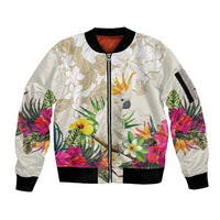 New Zealand Cacatua Galerita Sleeve Zip Bomber Jacket Aotearoa Cockatoo Tropical Flowers LT14 Unisex Beige - Polynesian Pride