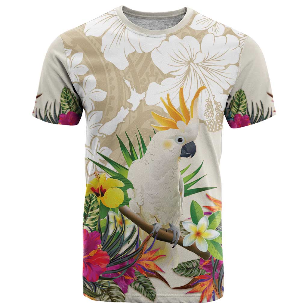 New Zealand Cacatua Galerita T Shirt Aotearoa Cockatoo Tropical Flowers LT14 Beige - Polynesian Pride