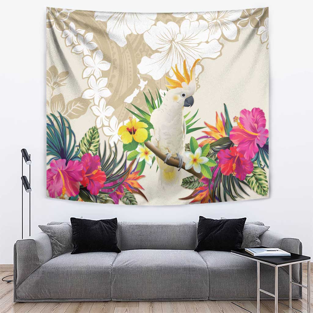 New Zealand Cacatua Galerita Tapestry Aotearoa Cockatoo Tropical Flowers LT14 Beige - Polynesian Pride