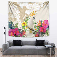 New Zealand Cacatua Galerita Tapestry Aotearoa Cockatoo Tropical Flowers LT14 Beige - Polynesian Pride