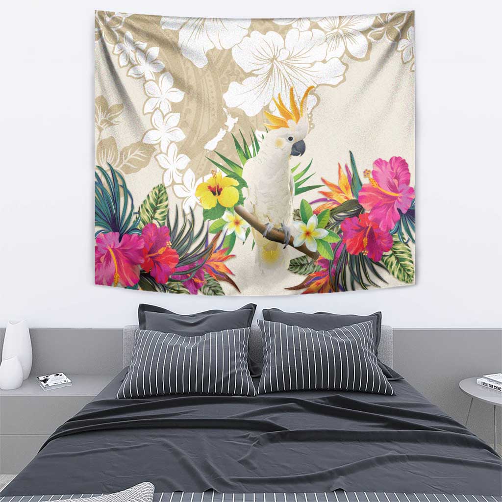 New Zealand Cacatua Galerita Tapestry Aotearoa Cockatoo Tropical Flowers LT14 - Polynesian Pride
