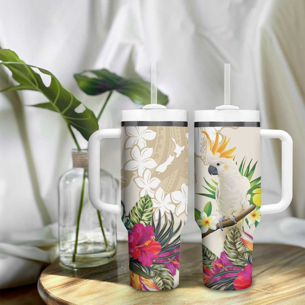 New Zealand Cacatua Galerita Tumbler With Handle Aotearoa Cockatoo Tropical Flowers LT14 - Polynesian Pride