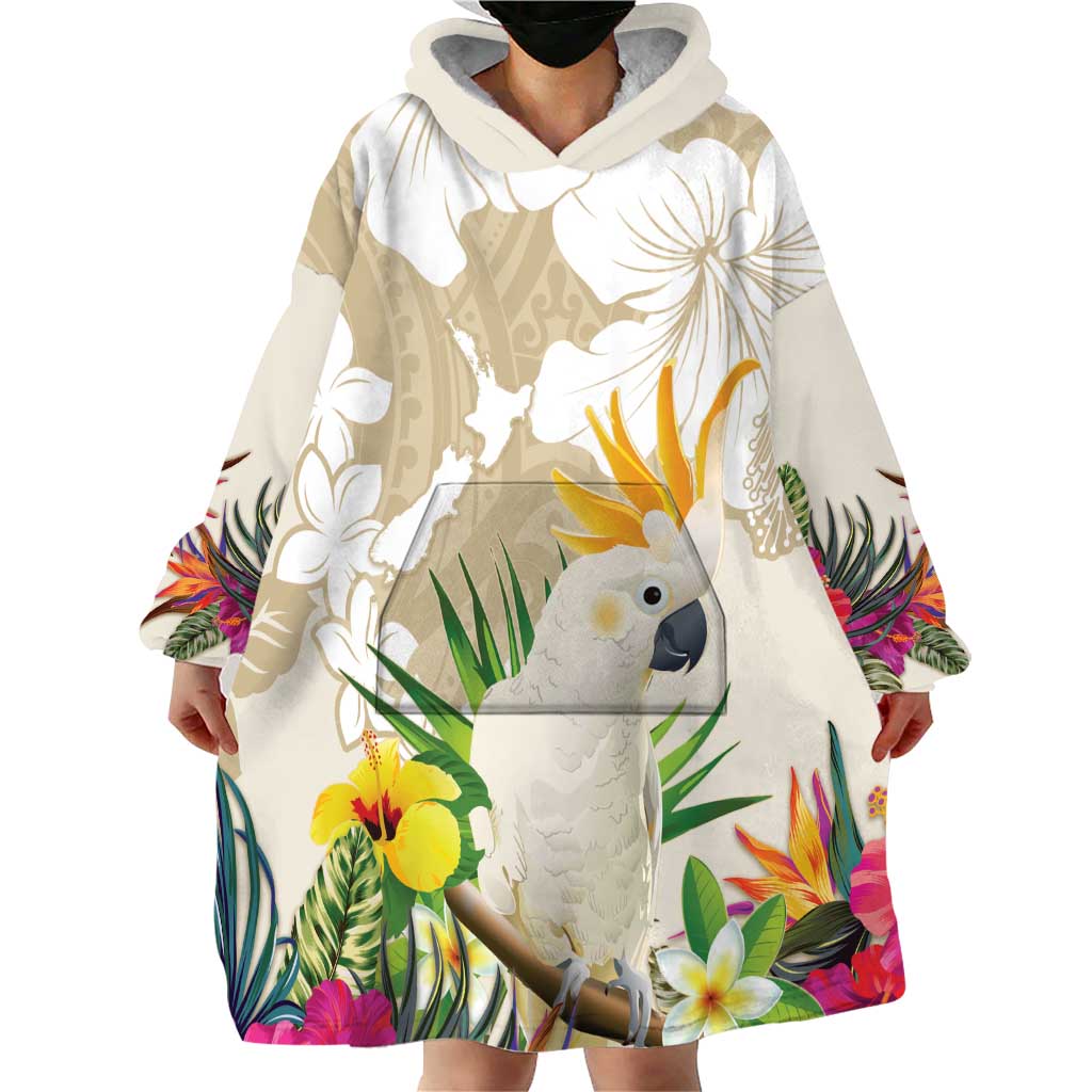 New Zealand Cacatua Galerita Wearable Blanket Hoodie Aotearoa Cockatoo Tropical Flowers LT14 - Polynesian Pride