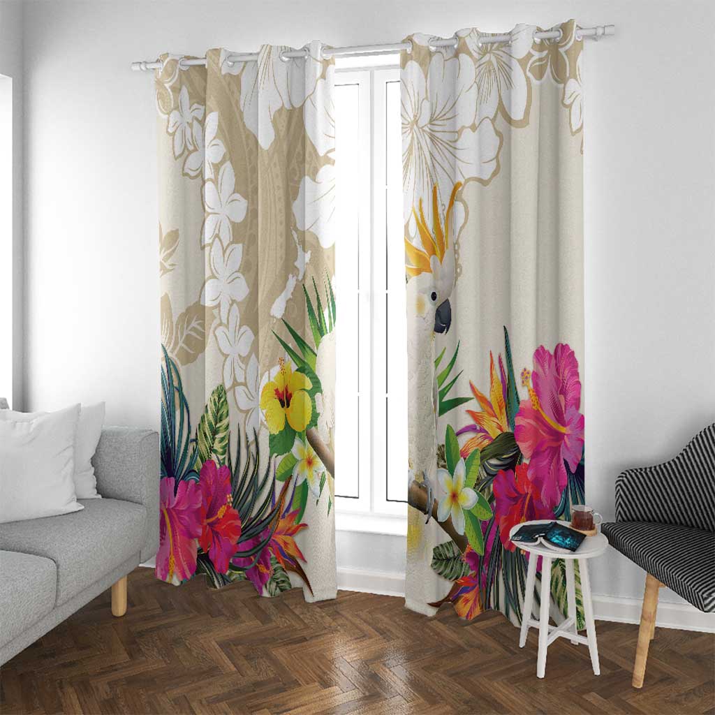 New Zealand Cacatua Galerita Window Curtain Aotearoa Cockatoo Tropical Flowers LT14 With Grommets Beige - Polynesian Pride