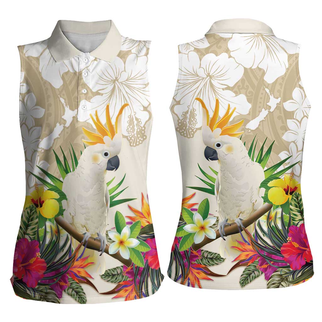 New Zealand Cacatua Galerita Women Sleeveless Polo Shirt Aotearoa Cockatoo Tropical Flowers LT14 - Polynesian Pride