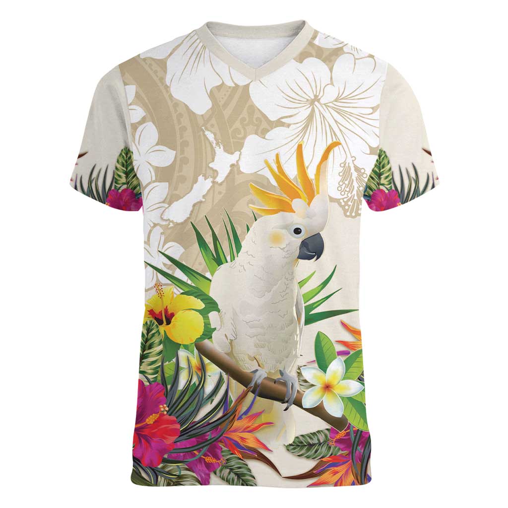 New Zealand Cacatua Galerita Women V-Neck T-Shirt Aotearoa Cockatoo Tropical Flowers LT14 Female Beige - Polynesian Pride