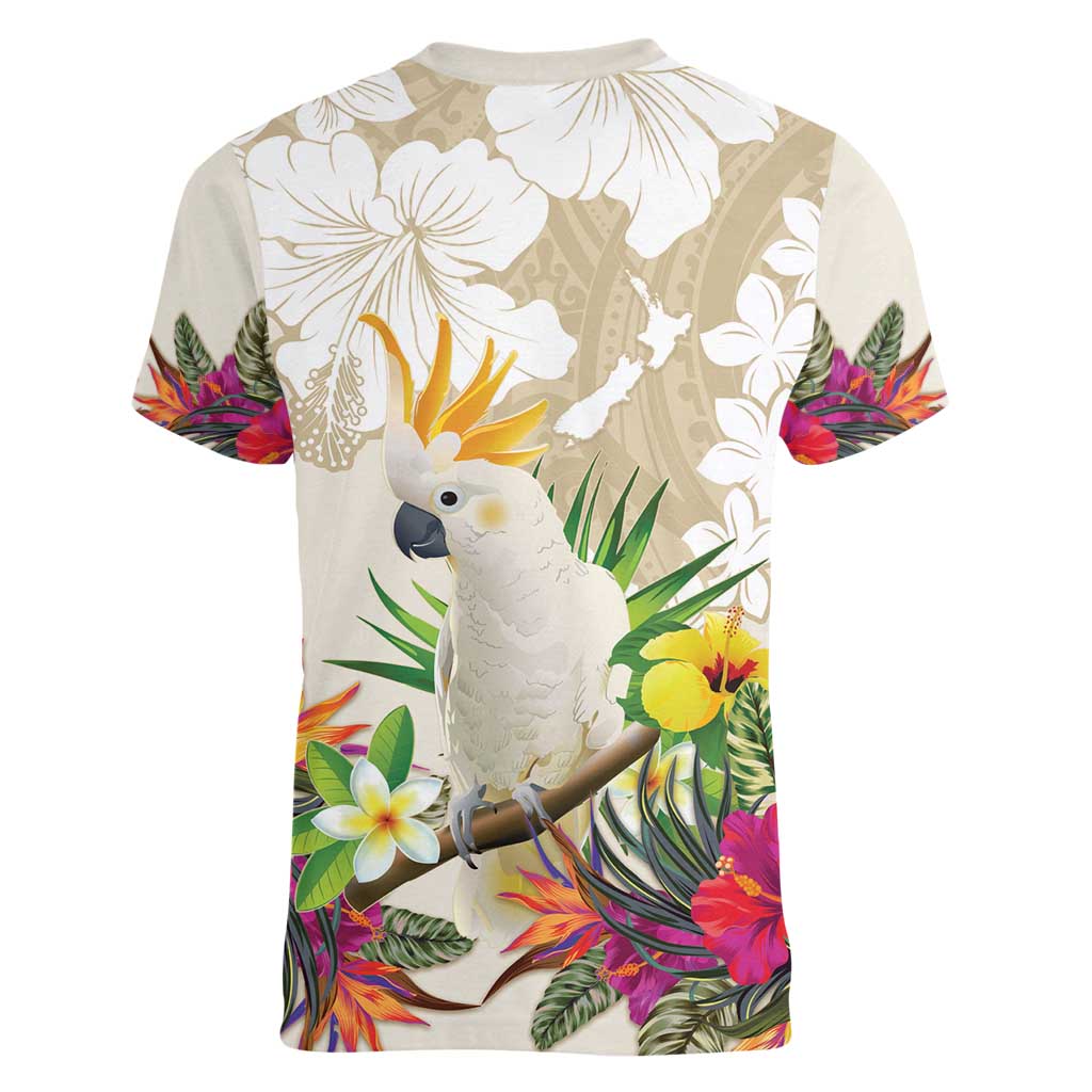 New Zealand Cacatua Galerita Women V-Neck T-Shirt Aotearoa Cockatoo Tropical Flowers LT14 - Polynesian Pride