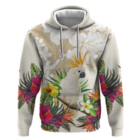 New Zealand Cacatua Galerita Zip Hoodie Aotearoa Cockatoo Tropical Flowers LT14 Pullover Hoodie Beige - Polynesian Pride