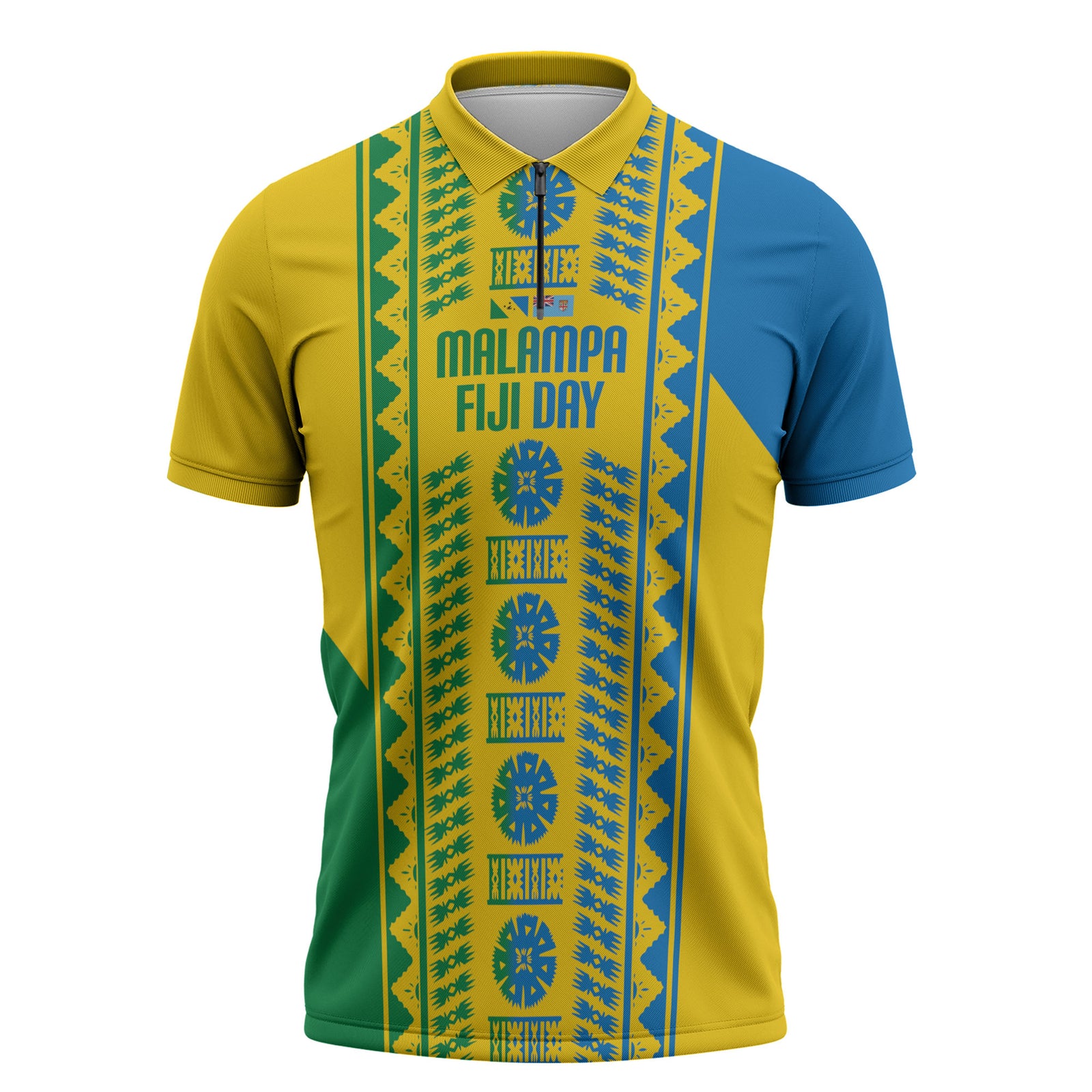 Malampa Fiji Day Zipper Polo Shirt 10 October Together We Grow Tapa Motifs