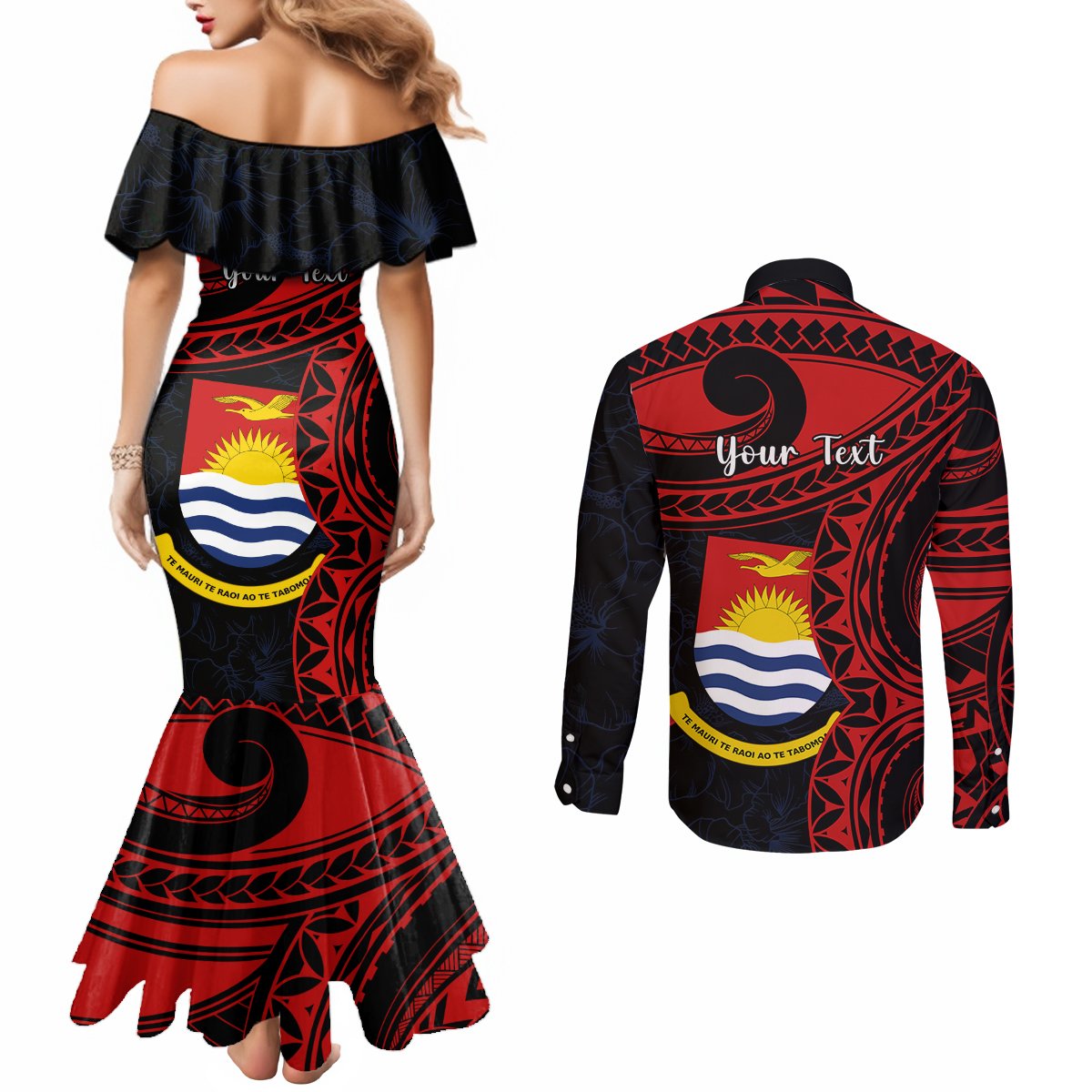 Personalised Kiribati Human Rights Day Couples Matching Mermaid Dress and Long Sleeve Button Shirt Coat Of Arms With Polynesian Tropical Flowers LT14 - Polynesian Pride