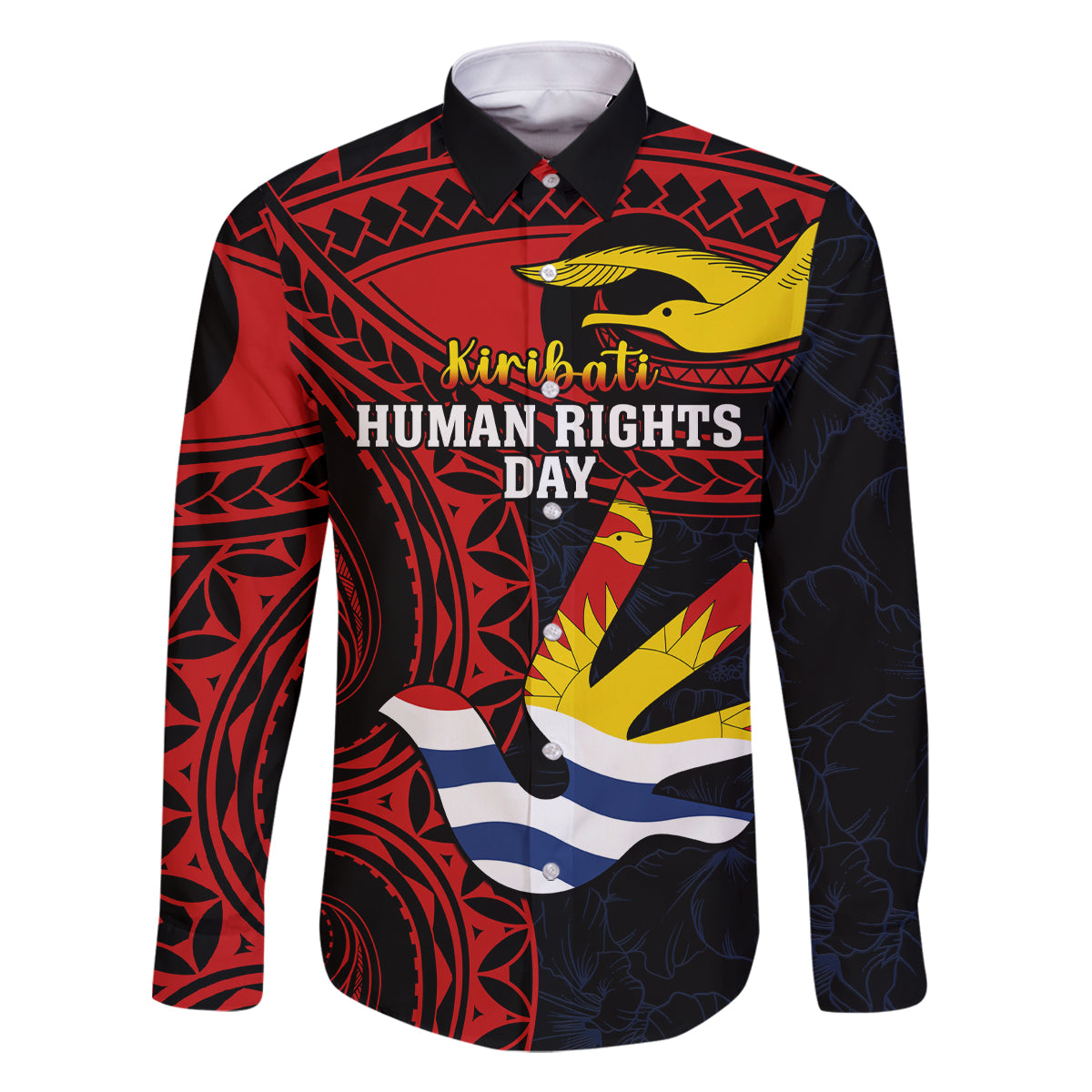 Personalised Kiribati Human Rights Day Family Matching Long Sleeve Bodycon Dress and Hawaiian Shirt Coat Of Arms With Polynesian Tropical Flowers LT14 Dad's Shirt - Long Sleeve Black - Polynesian Pride
