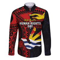 Personalised Kiribati Human Rights Day Family Matching Long Sleeve Bodycon Dress and Hawaiian Shirt Coat Of Arms With Polynesian Tropical Flowers LT14 Dad's Shirt - Long Sleeve Black - Polynesian Pride