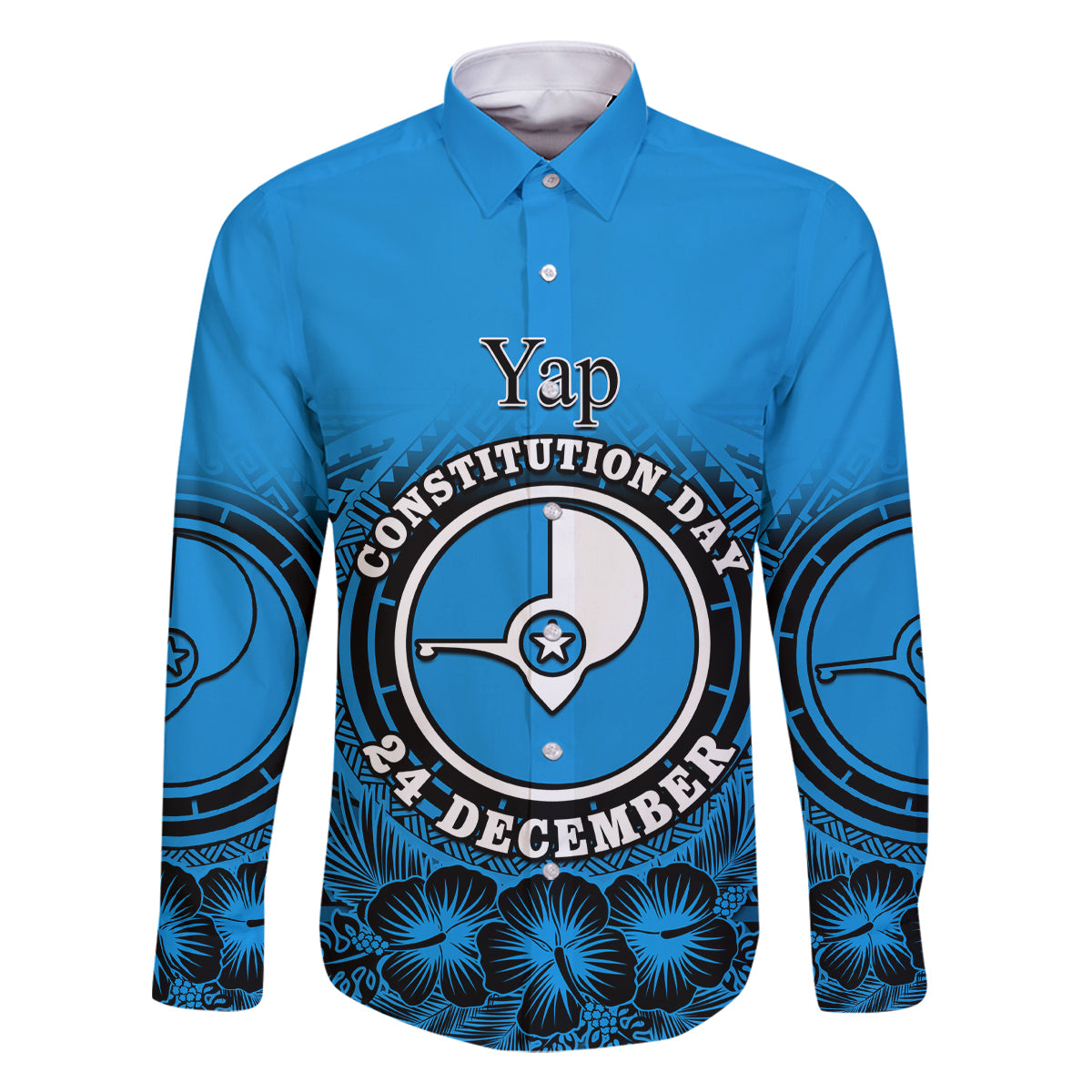 Personalised Yap Constitution Day Family Matching Mermaid Dress and Hawaiian Shirt FSM Seal Happy 24 December LT14 Dad's Shirt - Long Sleeve Blue - Polynesian Pride