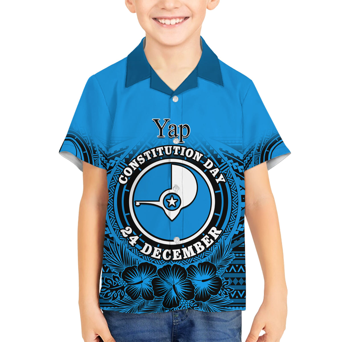 Personalised Yap Constitution Day Family Matching Off Shoulder Short Dress and Hawaiian Shirt FSM Seal Happy 24 December LT14 Son's Shirt Blue - Polynesian Pride