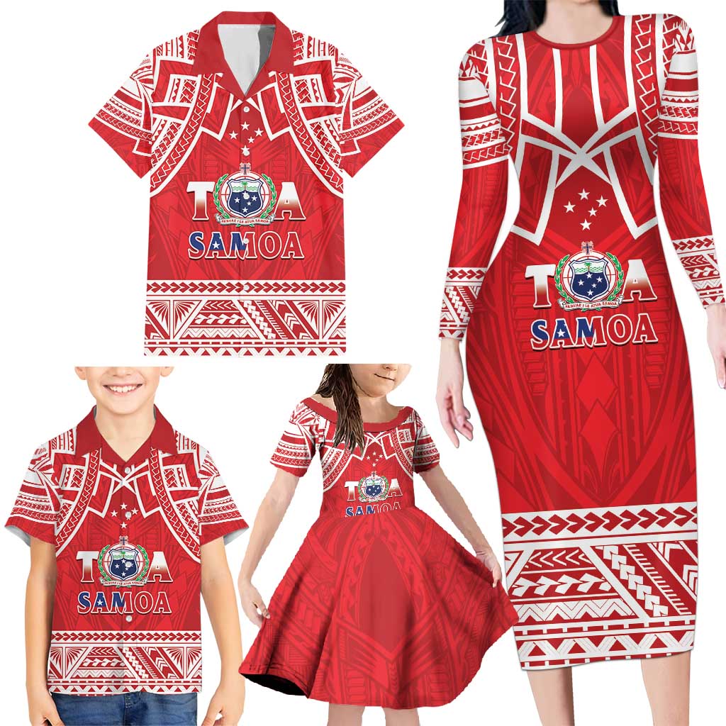Samoa Rugby Custom Family Matching Long Sleeve Bodycon Dress and Hawaiian Shirt Toa Samoa Pacific Sporty Red LT14 - Polynesian Pride
