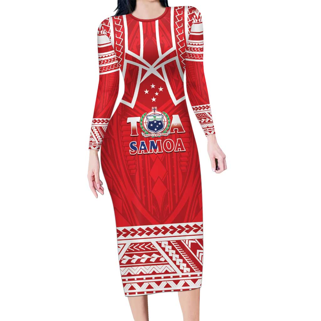 Samoa Rugby Custom Family Matching Long Sleeve Bodycon Dress and Hawaiian Shirt Toa Samoa Pacific Sporty Red LT14 Mom's Dress Red - Polynesian Pride
