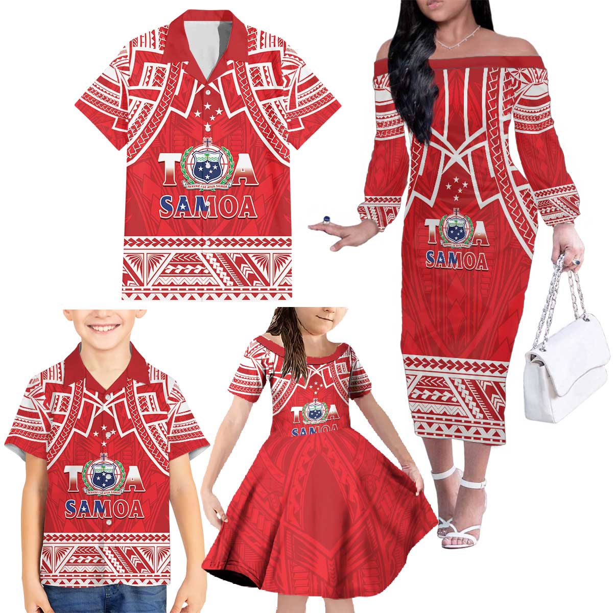 Samoa Rugby Custom Family Matching Off The Shoulder Long Sleeve Dress and Hawaiian Shirt Toa Samoa Pacific Sporty Red LT14 - Polynesian Pride