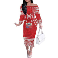 Samoa Rugby Custom Family Matching Off The Shoulder Long Sleeve Dress and Hawaiian Shirt Toa Samoa Pacific Sporty Red LT14 Mom's Dress Red - Polynesian Pride
