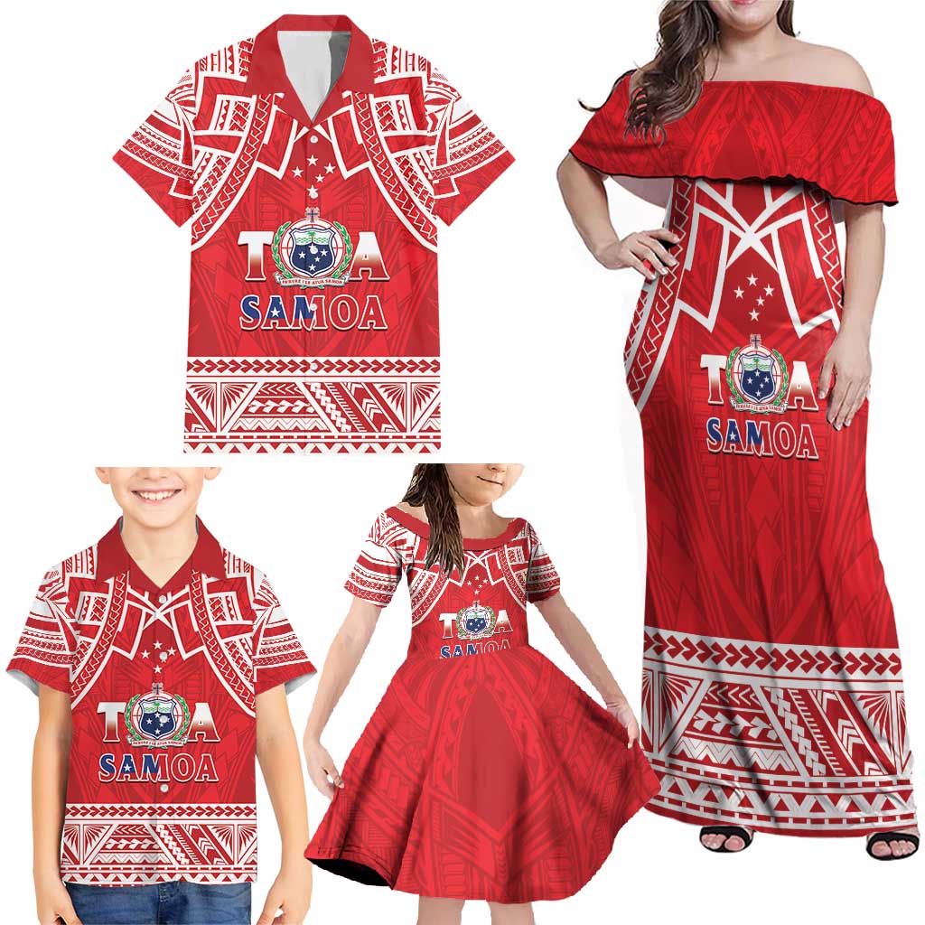 Samoa Rugby Custom Family Matching Off Shoulder Maxi Dress and Hawaiian Shirt Toa Samoa Pacific Sporty Red LT14 - Polynesian Pride