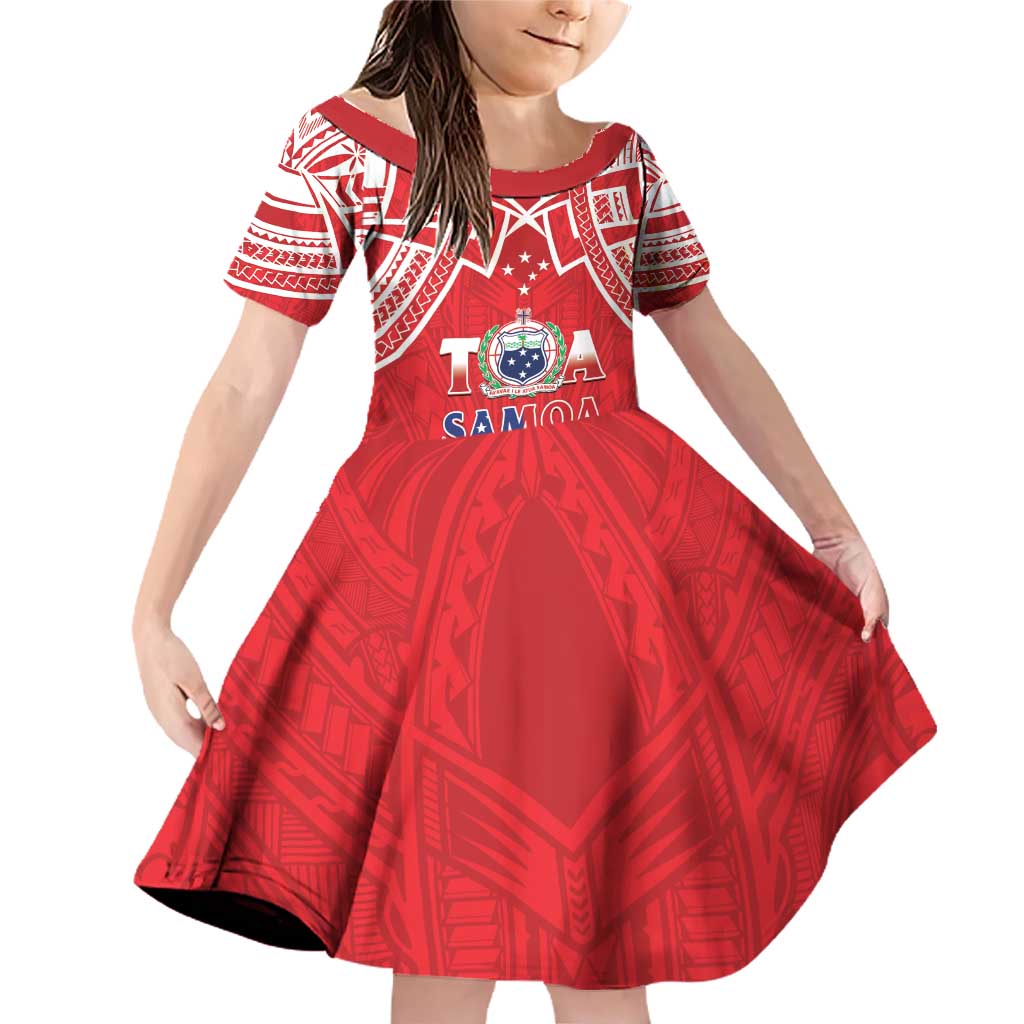 Samoa Rugby Custom Family Matching Off Shoulder Short Dress and Hawaiian Shirt Toa Samoa Pacific Sporty Red LT14 Daughter's Dress Red - Polynesian Pride