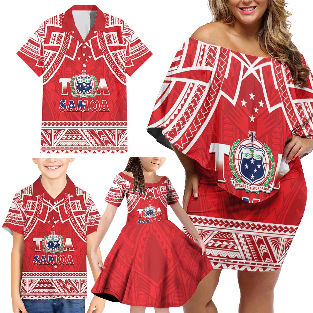 Samoa Rugby Custom Family Matching Off Shoulder Short Dress and Hawaiian Shirt Toa Samoa Pacific Sporty Red LT14 - Polynesian Pride