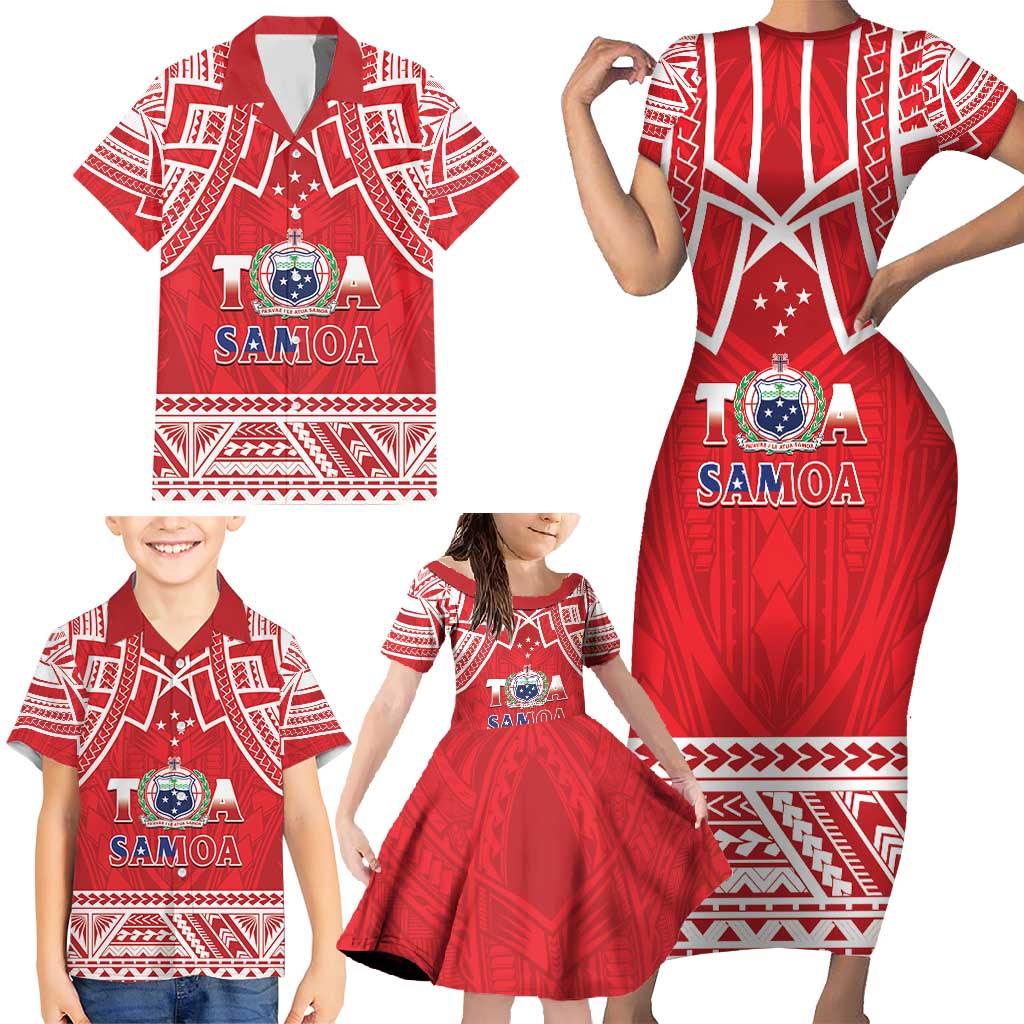Samoa Rugby Custom Family Matching Short Sleeve Bodycon Dress and Hawaiian Shirt Toa Samoa Pacific Sporty Red LT14 - Polynesian Pride