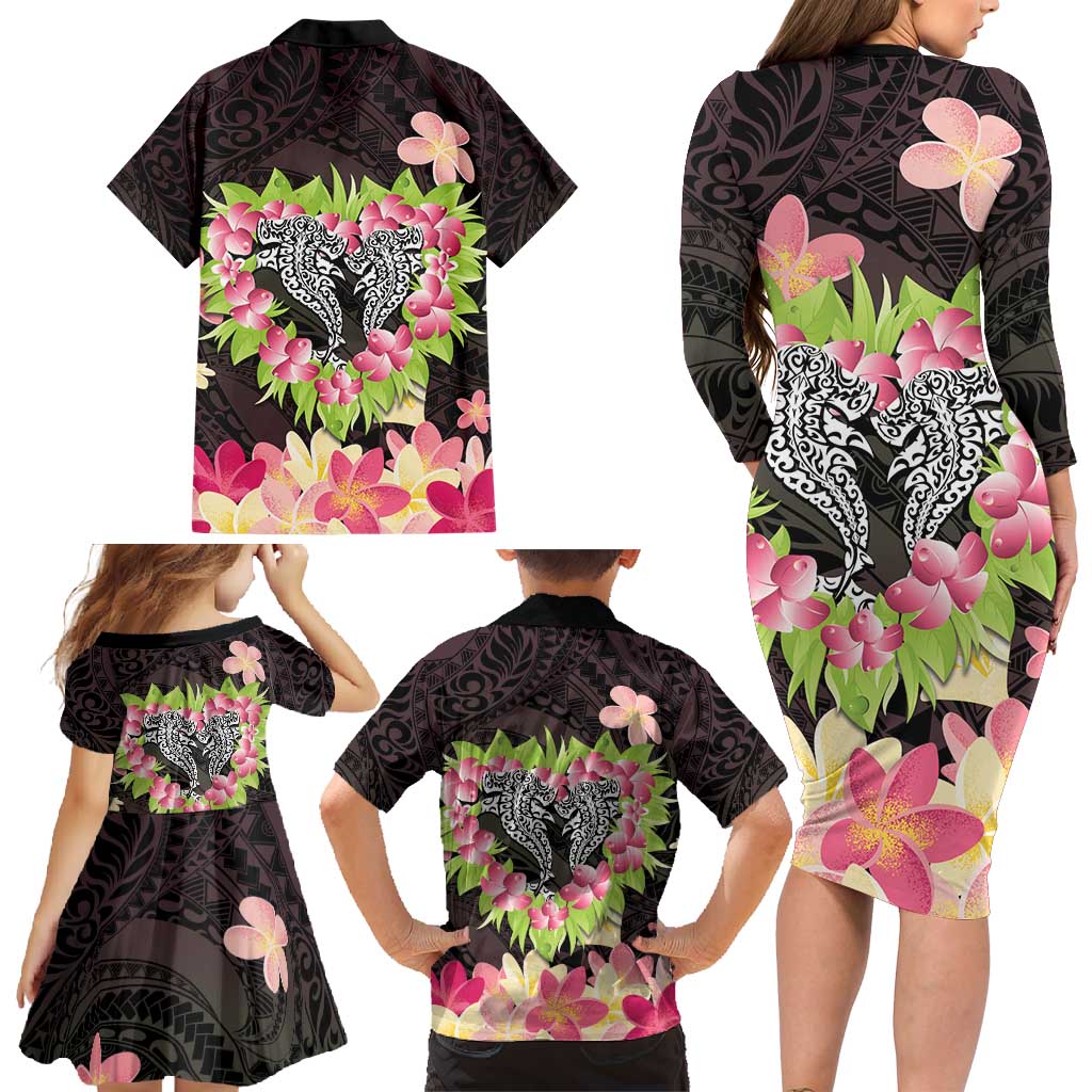 Polynesia Valentine's Day Family Matching Long Sleeve Bodycon Dress and Hawaiian Shirt Hammerhead Shark Plumeria With Polynesian Pattern LT14 - Polynesian Pride