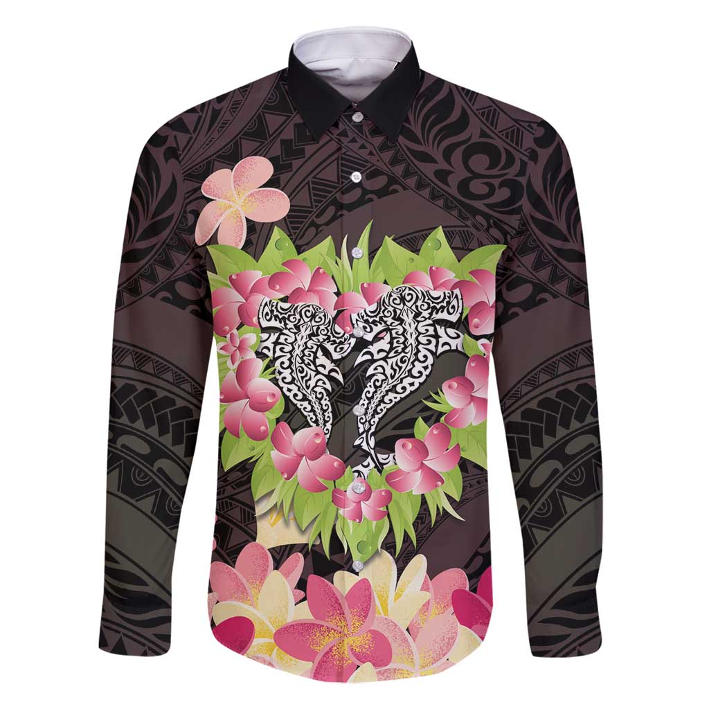 Polynesia Valentine's Day Family Matching Long Sleeve Bodycon Dress and Hawaiian Shirt Hammerhead Shark Plumeria With Polynesian Pattern LT14 Dad's Shirt - Long Sleeve Black - Polynesian Pride