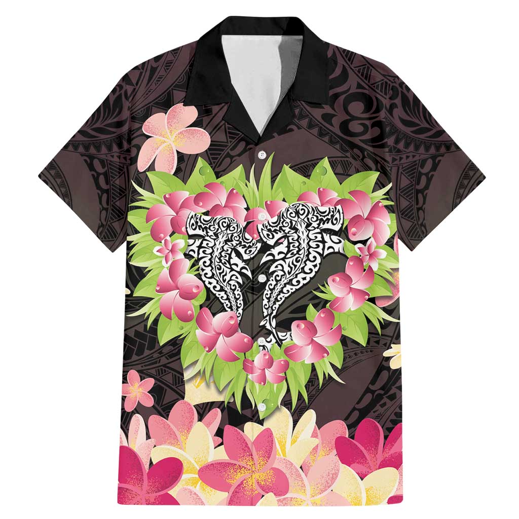 Polynesia Valentine's Day Family Matching Mermaid Dress and Hawaiian Shirt Hammerhead Shark Plumeria With Polynesian Pattern LT14 Dad's Shirt - Short Sleeve Black - Polynesian Pride