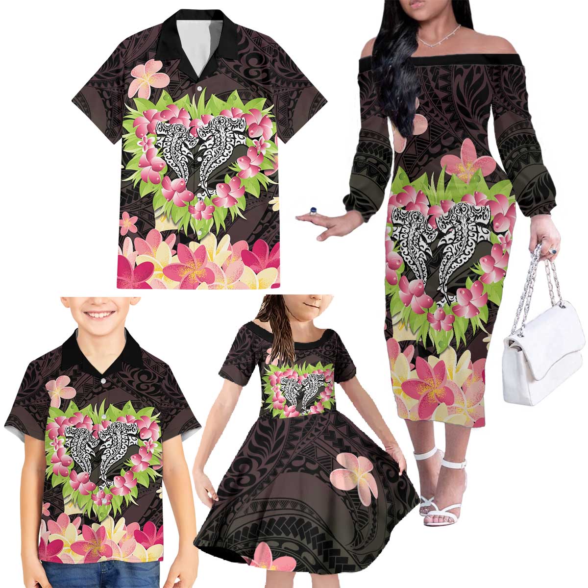 Polynesia Valentine's Day Family Matching Off The Shoulder Long Sleeve Dress and Hawaiian Shirt Hammerhead Shark Plumeria With Polynesian Pattern LT14 - Polynesian Pride
