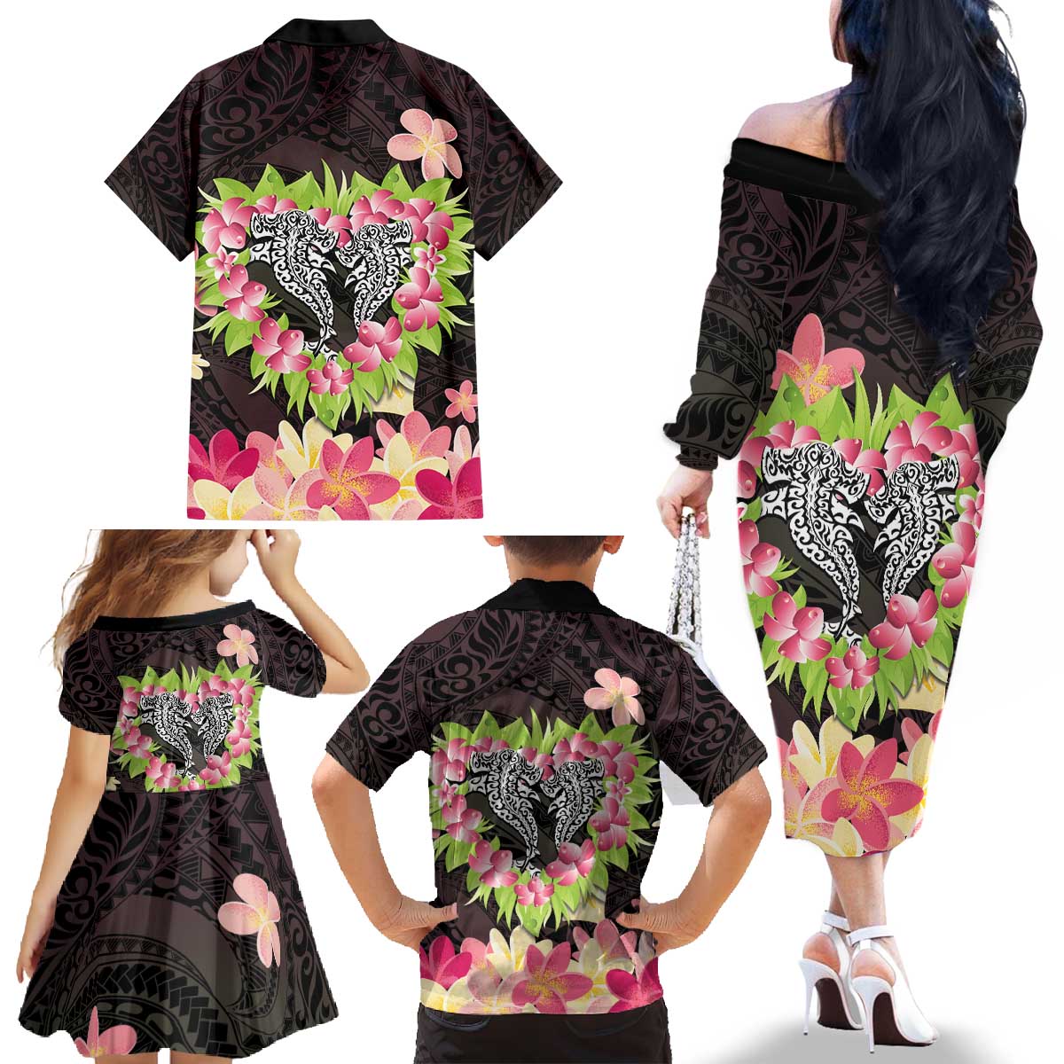 Polynesia Valentine's Day Family Matching Off The Shoulder Long Sleeve Dress and Hawaiian Shirt Hammerhead Shark Plumeria With Polynesian Pattern LT14 - Polynesian Pride