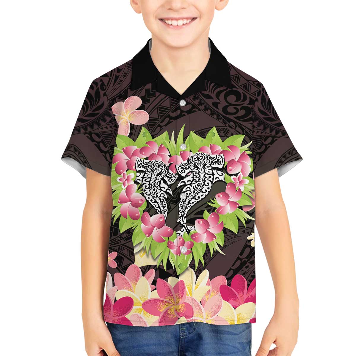Polynesia Valentine's Day Family Matching Off The Shoulder Long Sleeve Dress and Hawaiian Shirt Hammerhead Shark Plumeria With Polynesian Pattern LT14 Son's Shirt Black - Polynesian Pride