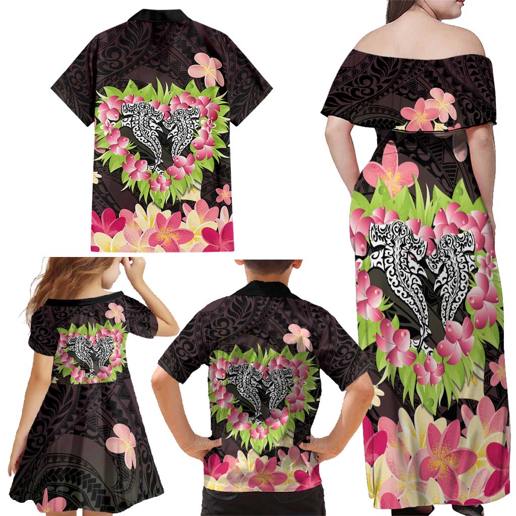 Polynesia Valentine's Day Family Matching Off Shoulder Maxi Dress and Hawaiian Shirt Hammerhead Shark Plumeria With Polynesian Pattern LT14 - Polynesian Pride