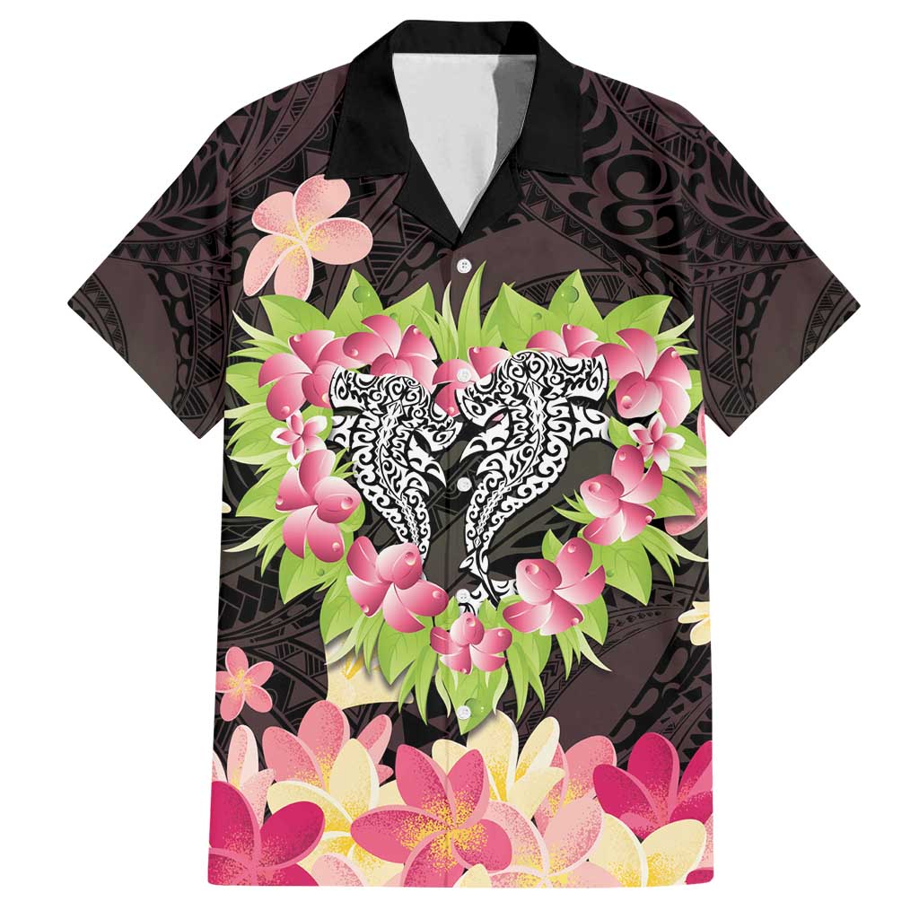 Polynesia Valentine's Day Family Matching Off Shoulder Maxi Dress and Hawaiian Shirt Hammerhead Shark Plumeria With Polynesian Pattern LT14 Dad's Shirt - Short Sleeve Black - Polynesian Pride