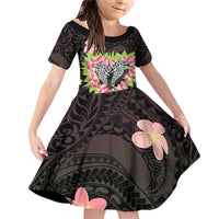 Polynesia Valentine's Day Family Matching Off Shoulder Short Dress and Hawaiian Shirt Hammerhead Shark Plumeria With Polynesian Pattern LT14 Daughter's Dress Black - Polynesian Pride