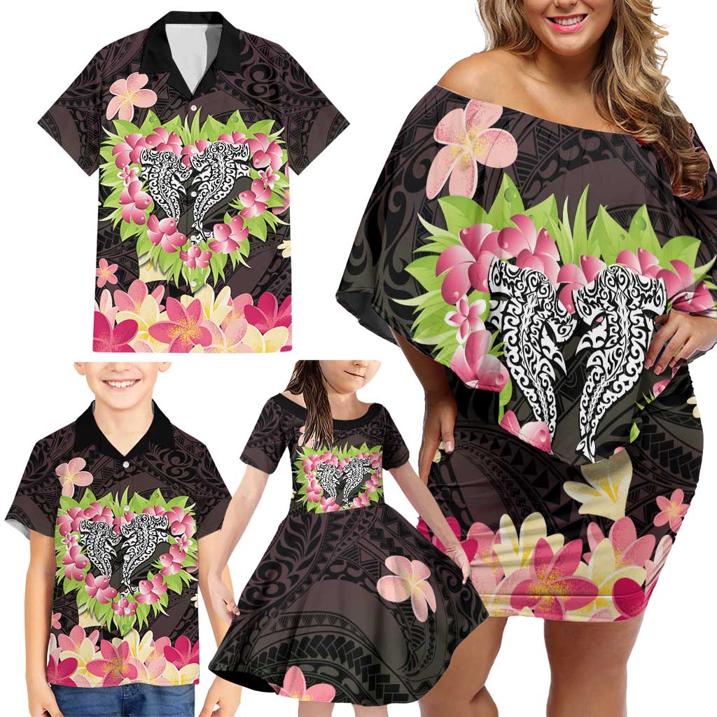 Polynesia Valentine's Day Family Matching Off Shoulder Short Dress and Hawaiian Shirt Hammerhead Shark Plumeria With Polynesian Pattern LT14 - Polynesian Pride
